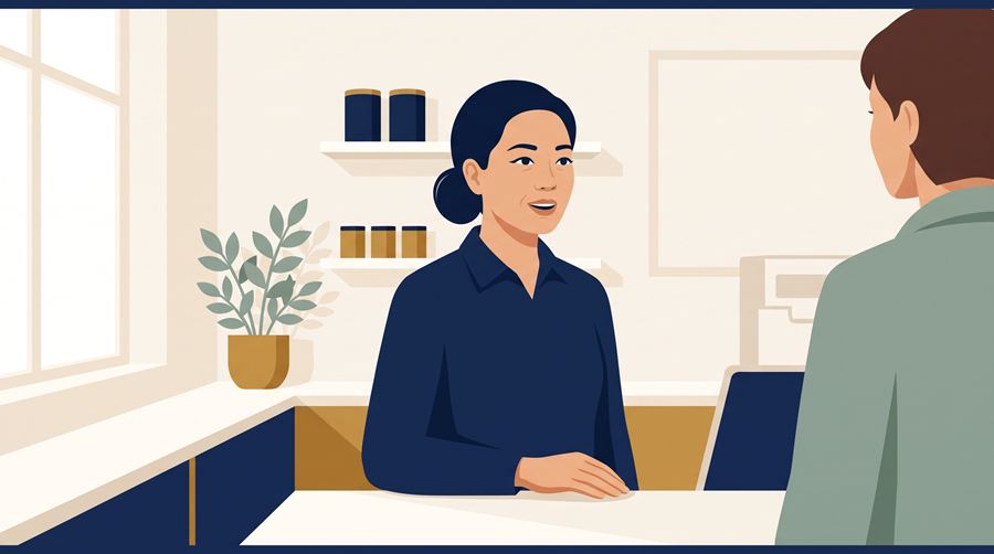 Illustration : une employée sert un client au comptoir, en anglais.