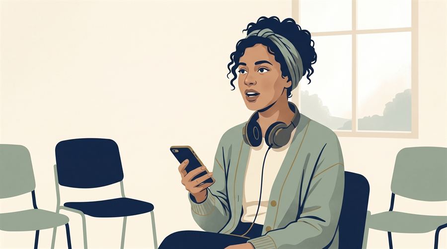 Illustration : une femme pratique son anglais à voix haute dans un centre communautaire.